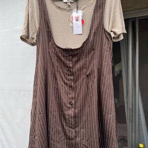 Brown Pinstripe Button-Down Dress with Beige Tee